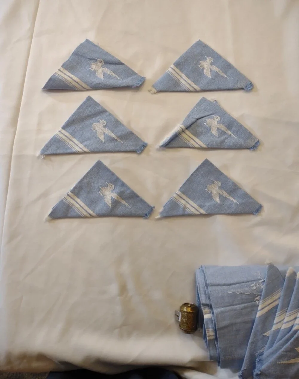 Vintage Hand Woven/Embroidered Lt. Blue Striped Napkin & Table Cloth/Runner Set
